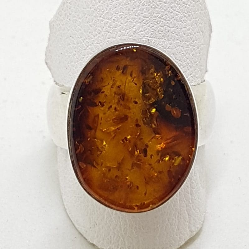 Sterling Silver Oval Flat Amber Ring  - Wide Band