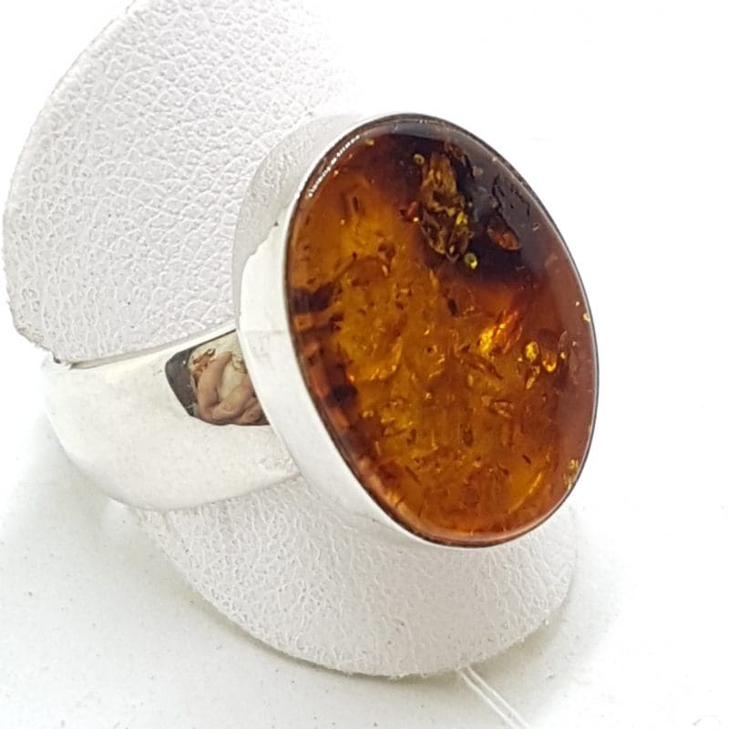 Sterling Silver Oval Flat Amber Ring  - Wide Band