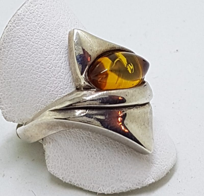 Sterling Silver Unusual Shape Amber Ring