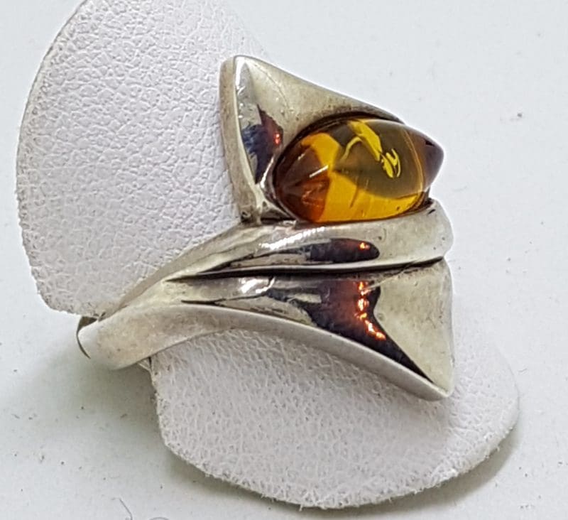 Sterling Silver Unusual Shape Amber Ring