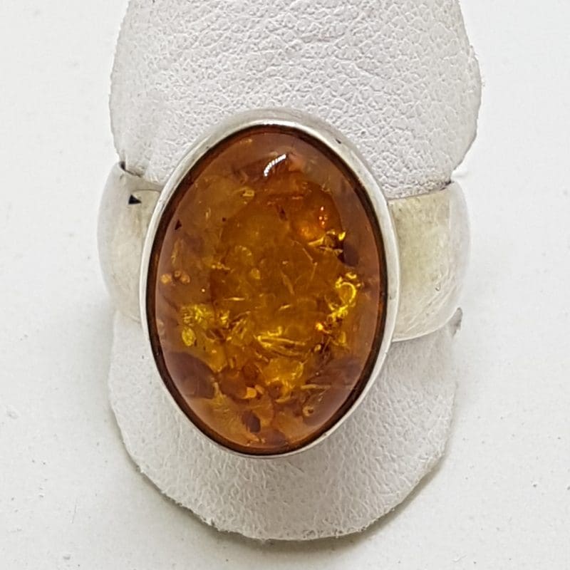 Sterling Silver Oval Amber Ring  - Wide Band