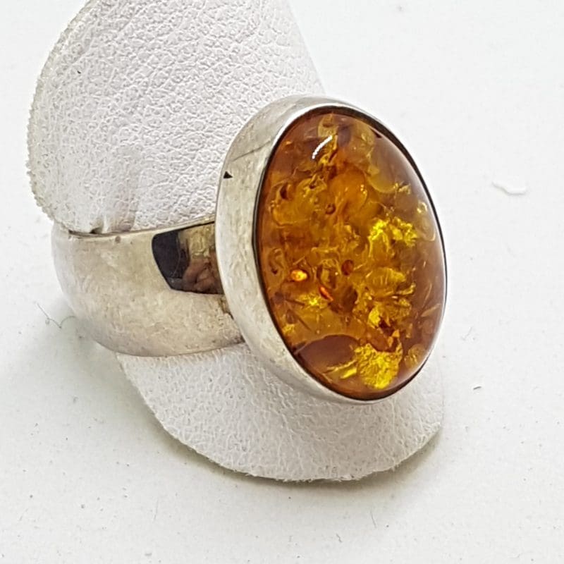 Sterling Silver Oval Amber Ring  - Wide Band