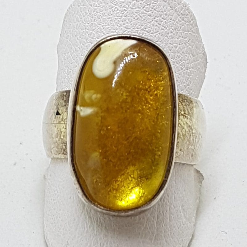 Sterling Silver Oval Butter Amber Ring  - Wide Band