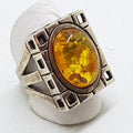 Sterling Silver Oval Natural Amber in Rectangular Ring