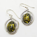 Sterling Silver Ornate Oval Green Natural Baltic Amber Earrings - Leaf Motif