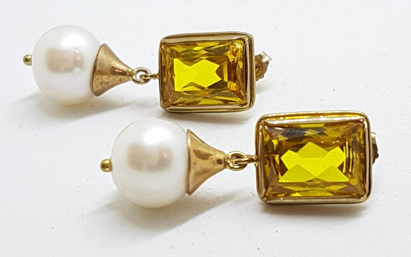 9ct Yellow Gold Rectanglular Citrine &amp; Pearl Drop Earrings - Handmade