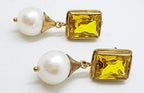 9ct Yellow Gold Rectanglular Citrine &amp; Pearl Drop Earrings - Handmade