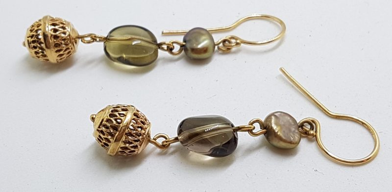 9ct Yellow Gold Smokey Quartz &amp; Pearl Long Drop Earrings