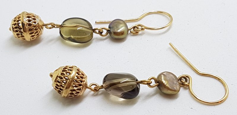 9ct Yellow Gold Smokey Quartz &amp; Pearl Long Drop Earrings
