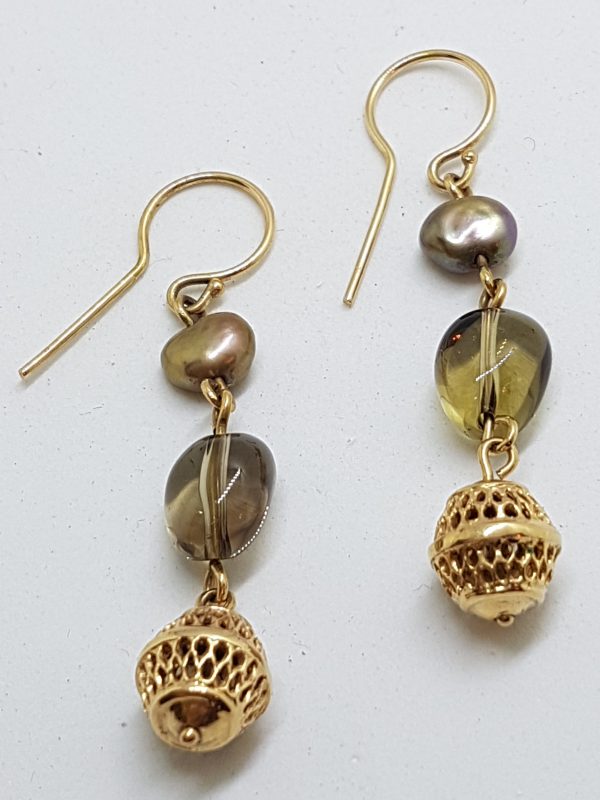 9ct Yellow Gold Smokey Quartz &amp; Pearl Long Drop Earrings