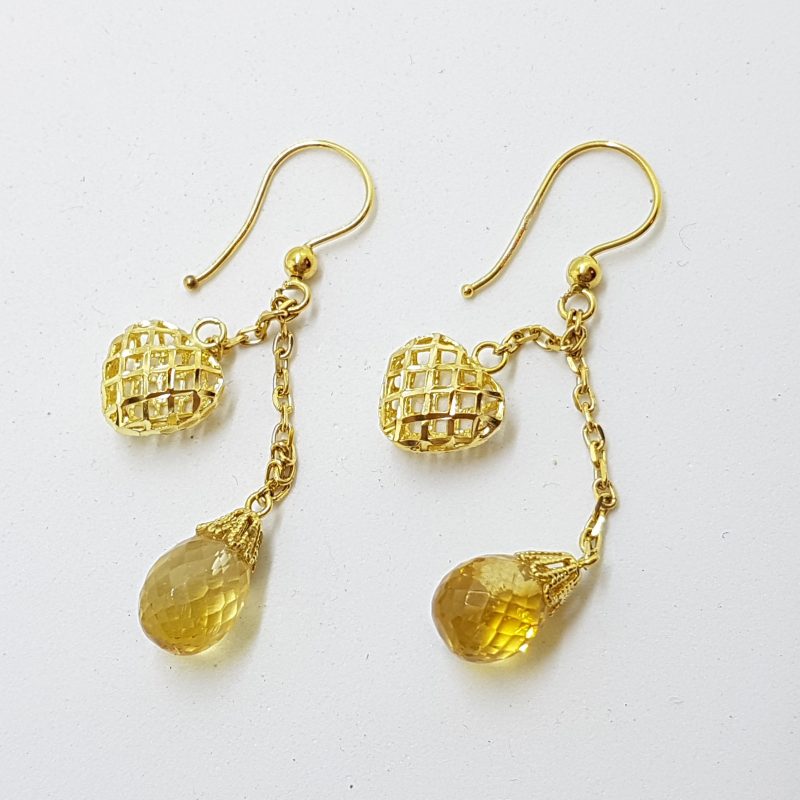 18ct Yellow Gold Ornate Teardrop Citrine Heart Chain Drop Earrings