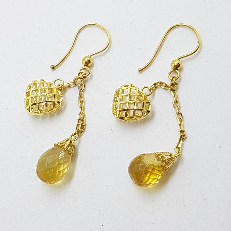 18ct Yellow Gold Ornate Teardrop Citrine Heart Chain Drop Earrings