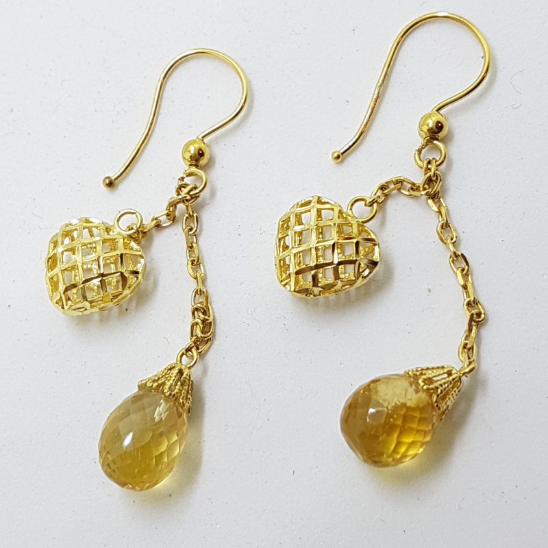 18ct Yellow Gold Ornate Teardrop Citrine Heart Chain Drop Earrings
