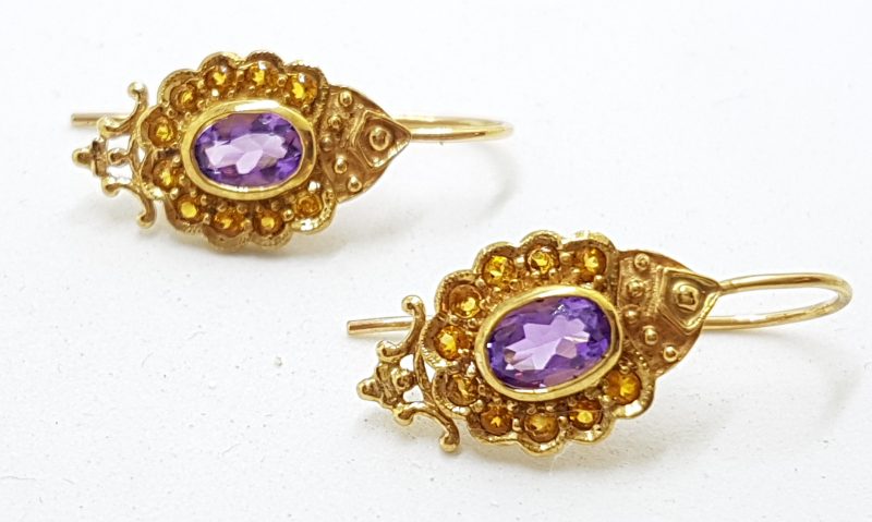9ct Yellow Gold Amethyst and Citrine Ornate Drop Earrings