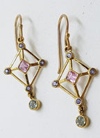 9ct Yellow Gold Topaz, Iolite and Pink Tourmaline Drop Earrings