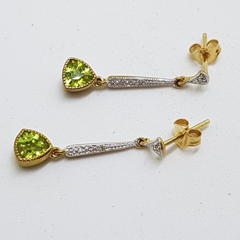 9ct Yellow Gold Peridot &amp; Diamond Long Drop Earrings