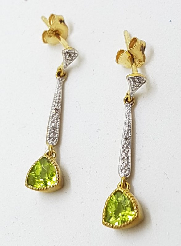 9ct Yellow Gold Peridot &amp; Diamond Long Drop Earrings