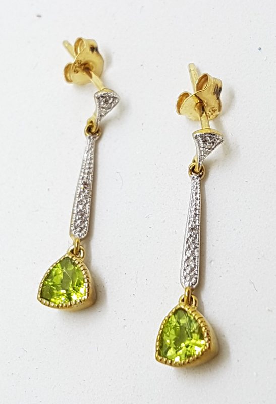 9ct Yellow Gold Peridot &amp; Diamond Long Drop Earrings