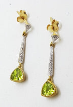 9ct Yellow Gold Peridot &amp; Diamond Long Drop Earrings