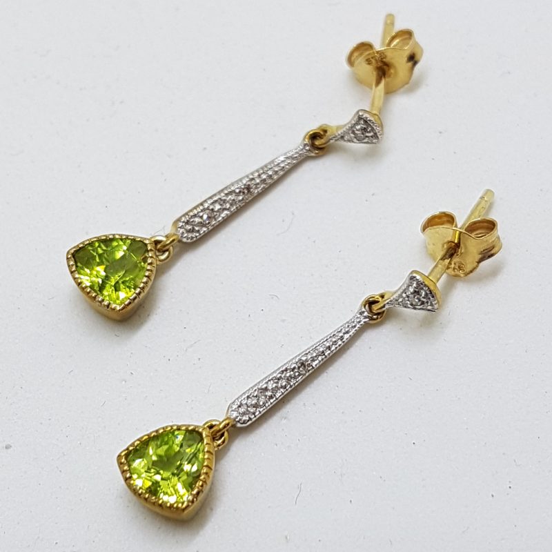 9ct Yellow Gold Peridot &amp; Diamond Long Drop Earrings