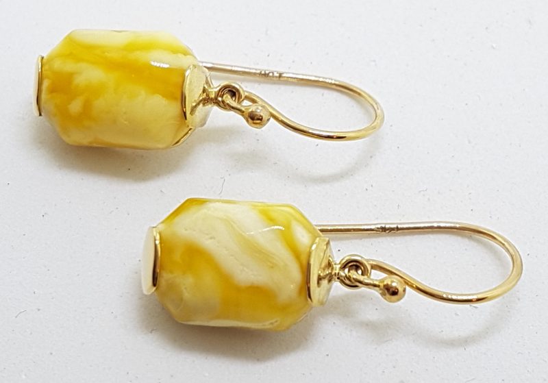 9ct Yellow Gold Rectangular Natural Butter Amber Drop Earrings