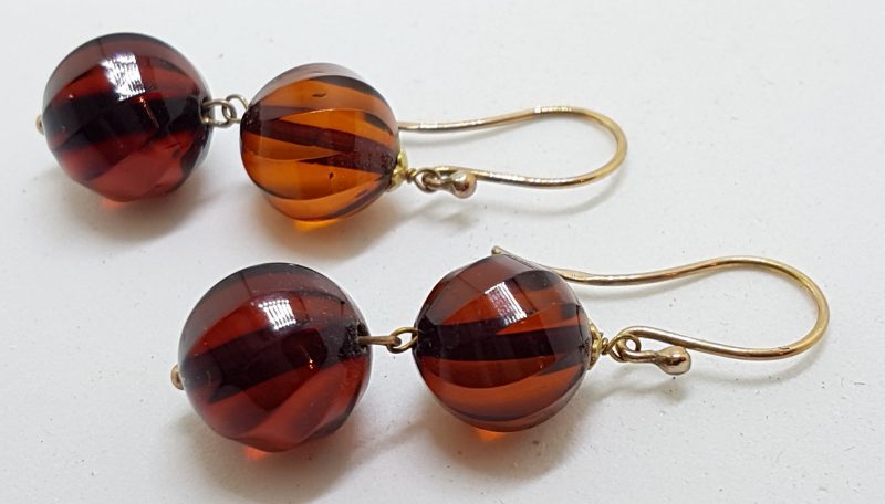 9ct Yellow Gold Natural Baltic Amber Long Ball Drop Earrings
