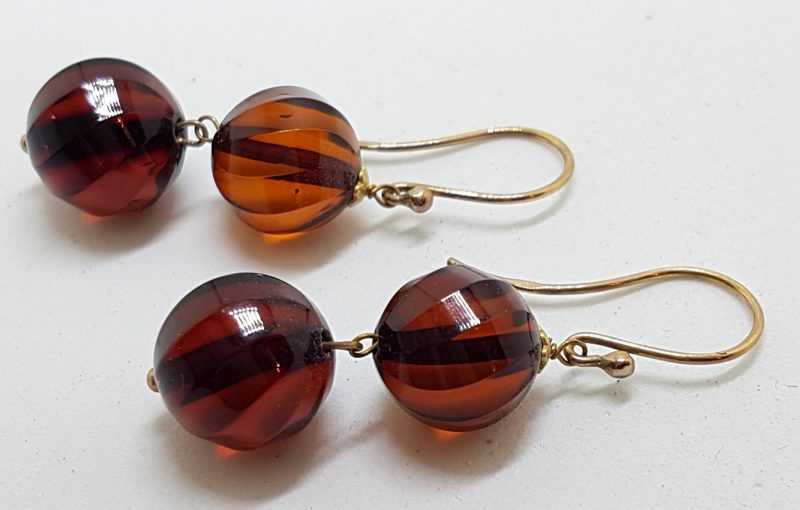 9ct Yellow Gold Natural Baltic Amber Long Ball Drop Earrings