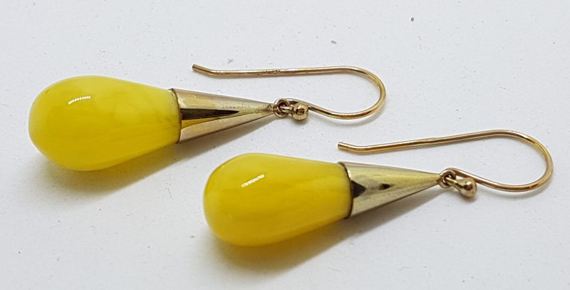 9ct Yellow Gold Natural Butter Amber Long Drop Earrings