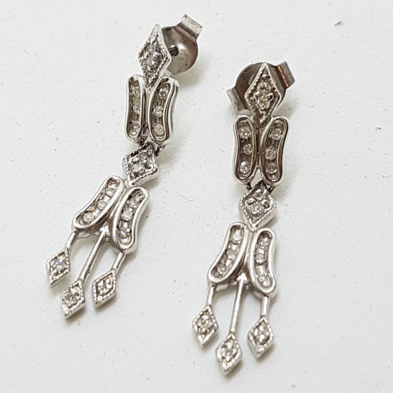 9ct White Gold Ornate Diamond Drop Earrings