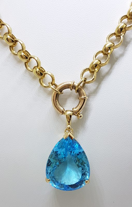 9ct Yellow Gold Large Blue Topaz Pendant on Heavy Belcher Link 9ct Gold Chain ( With Bolt Clasp )