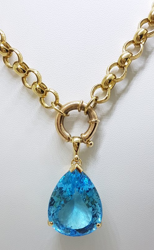 9ct Yellow Gold Large Blue Topaz Pendant on Heavy Belcher Link 9ct Gold Chain ( With Bolt Clasp )