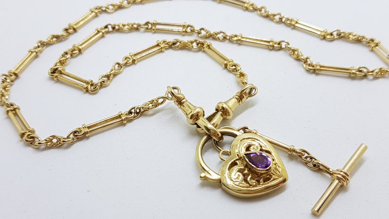 9ct Yellow Gold Ornate Filigree Amethyst Heart Padlock with T-Bar Necklace / Chain