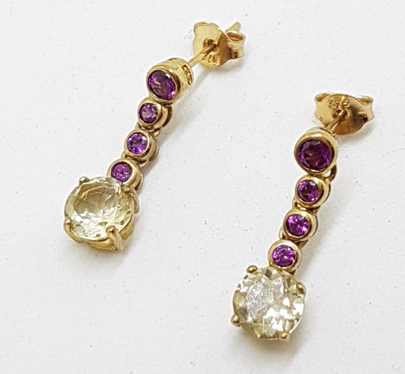 9ct Yellow Gold Rhodolite Garnet and Lemon Citrine Drop Earrings