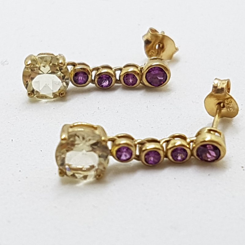 9ct Yellow Gold Rhodolite Garnet and Lemon Citrine Drop Earrings