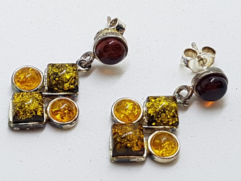 Sterling Silver Multi-Colour Natural Amber Cluster Drop Earrings