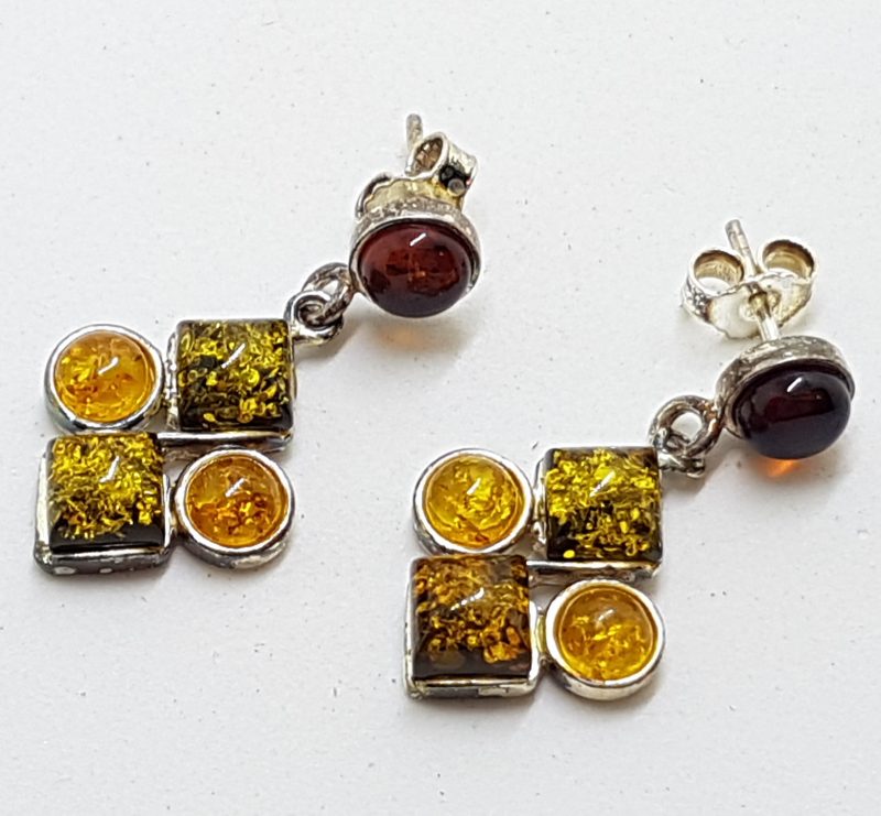 Sterling Silver Multi-Colour Natural Amber Cluster Drop Earrings