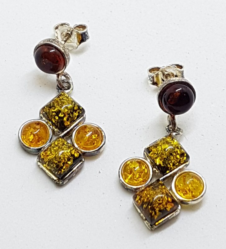 Sterling Silver Multi-Colour Natural Amber Cluster Drop Earrings
