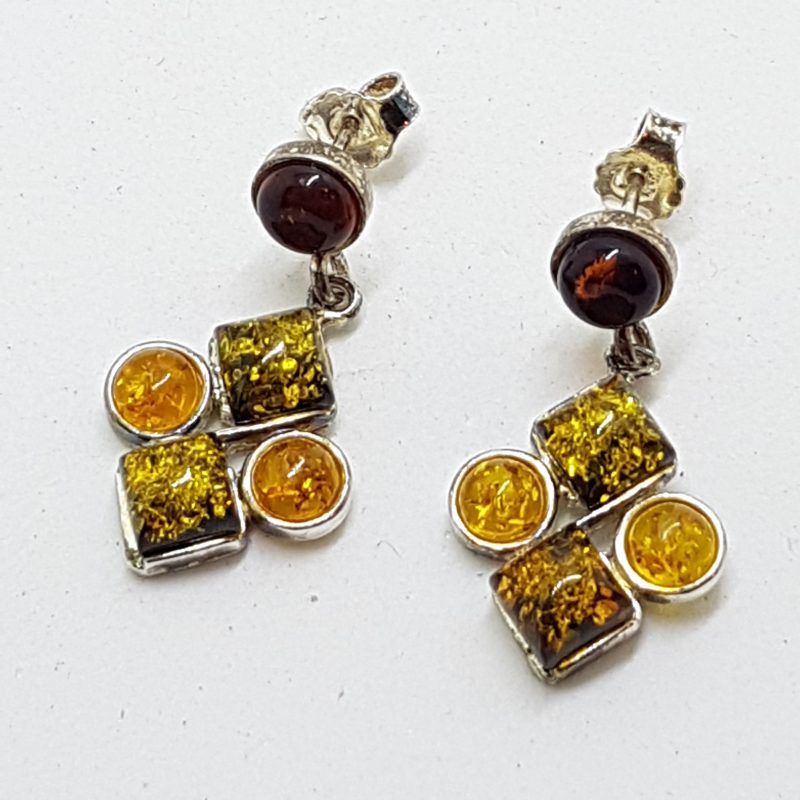 Sterling Silver Multi-Colour Natural Amber Cluster Drop Earrings