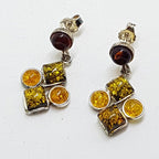 Sterling Silver Multi-Colour Natural Amber Cluster Drop Earrings
