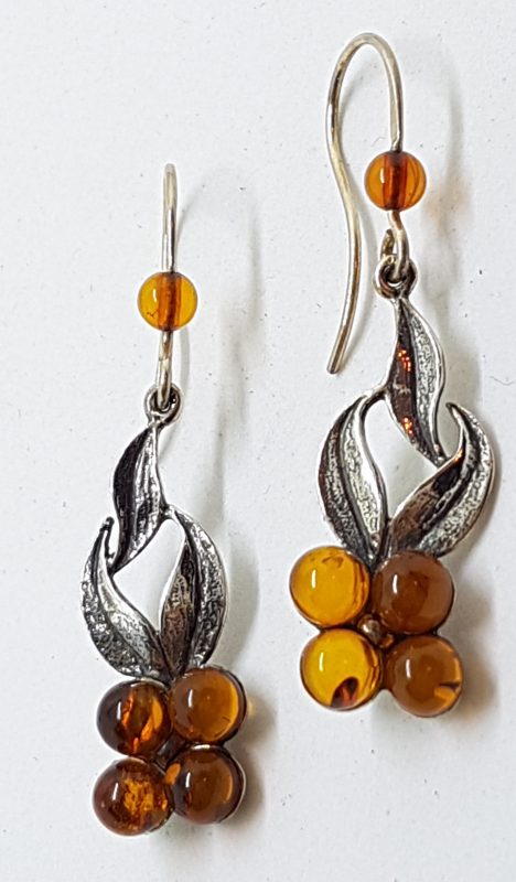 Sterling Silver Natural Amber Long Flower Cluster Drop Earrings