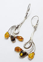 Sterling Silver Multi-Colour Natural Baltic Amber Long Drop Earrings