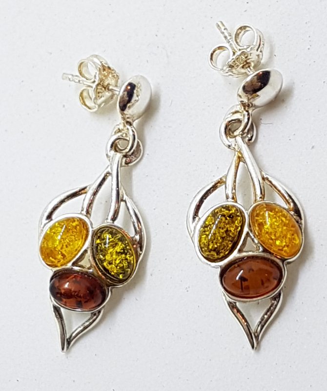 Sterling Silver Multi-Colour Natural Amber Cluster Drop Earrings