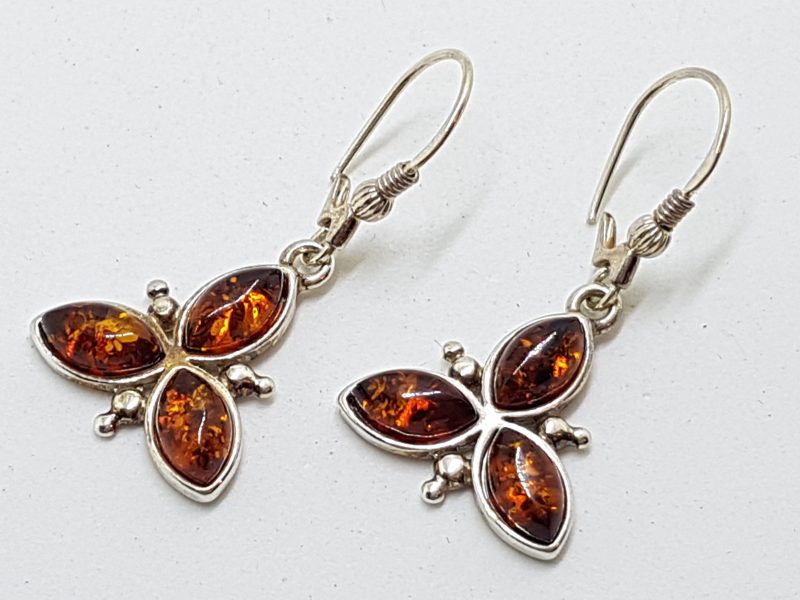 Sterling Silver Natural Amber Leaf Cluster Drop Earrings