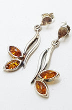 Sterling Silver Natural Amber Leaf Cluster Drop Earrings - Long
