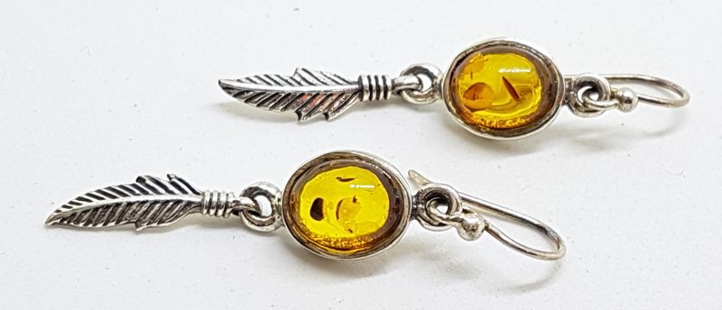 Sterling Silver Natural Baltic Amber Long Feather Drop Earrings
