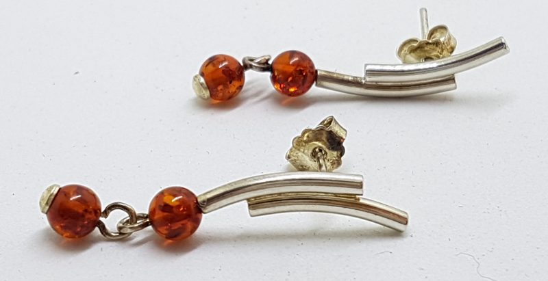 Sterling Silver Natural Baltic Amber Long Ball Stud Earrings