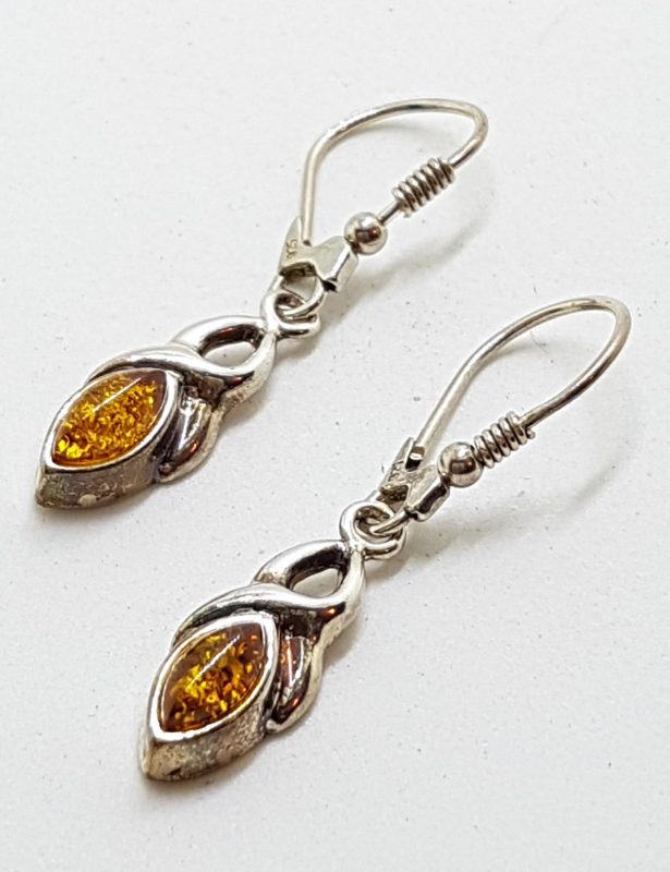 Sterling Silver Natural Amber Long Marquis Drop Earrings