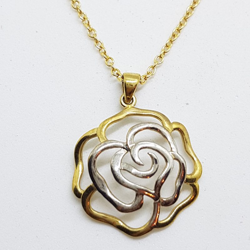 9ct Yellow Gold with White Gold Open Flower / Rose Pendant on 9ct Gold Chain