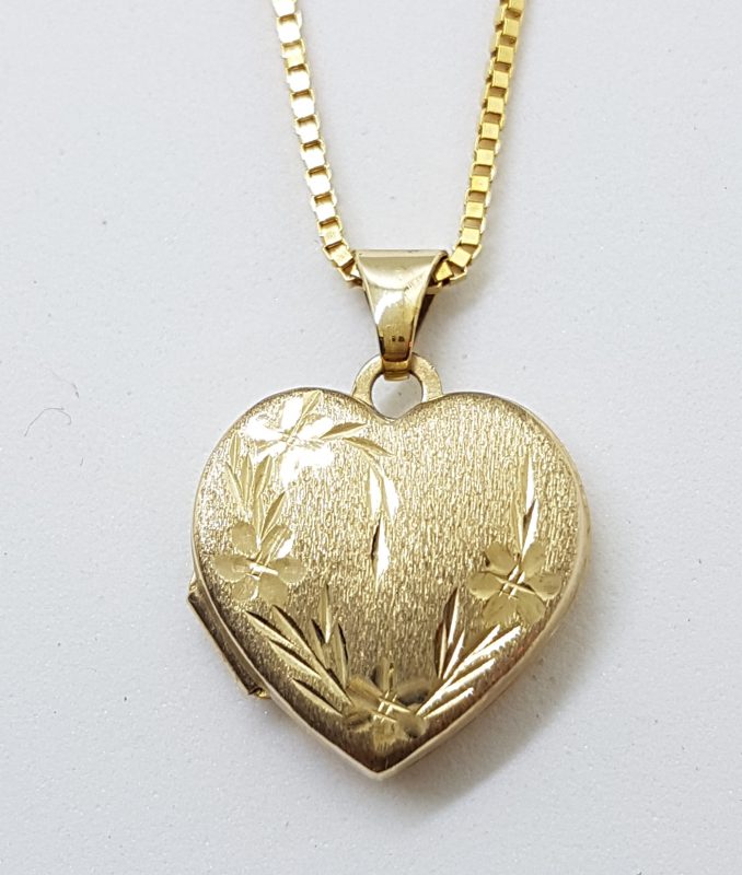 9ct Yellow Gold Ornate Matte Finish Heart Locket Pendant on 9ct Gold Chain