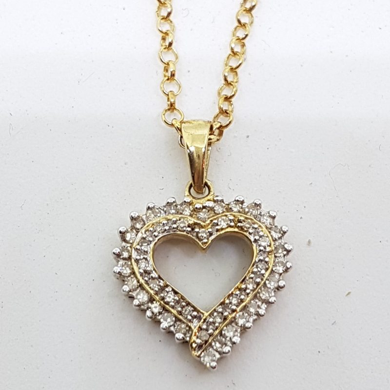10ct Yellow Gold Diamond Heart Pendant on 9ct Gold Chain